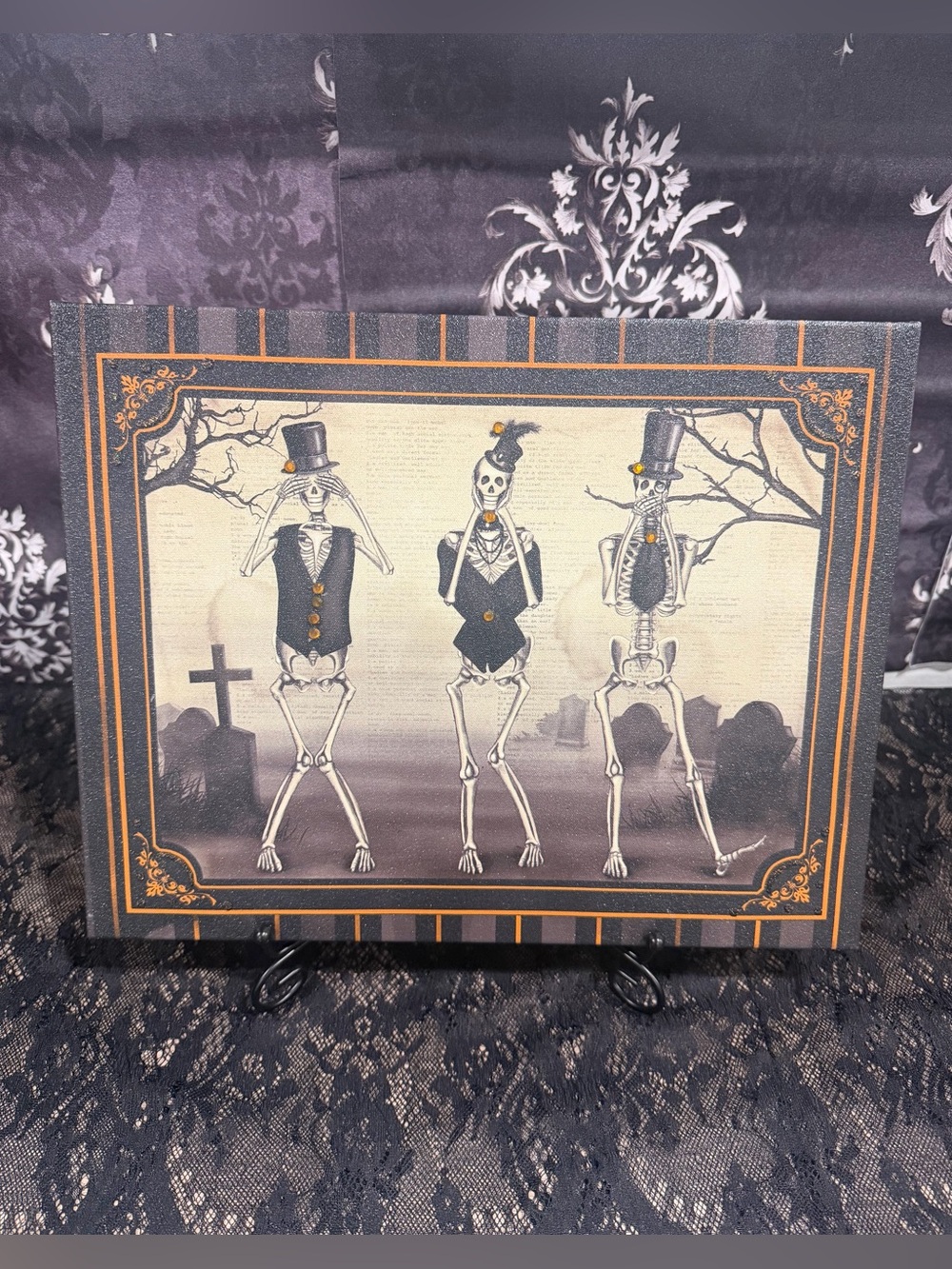 Vintage Style Halloween Skeleton Canvas Wall Art Rhinestone Gothic Decor